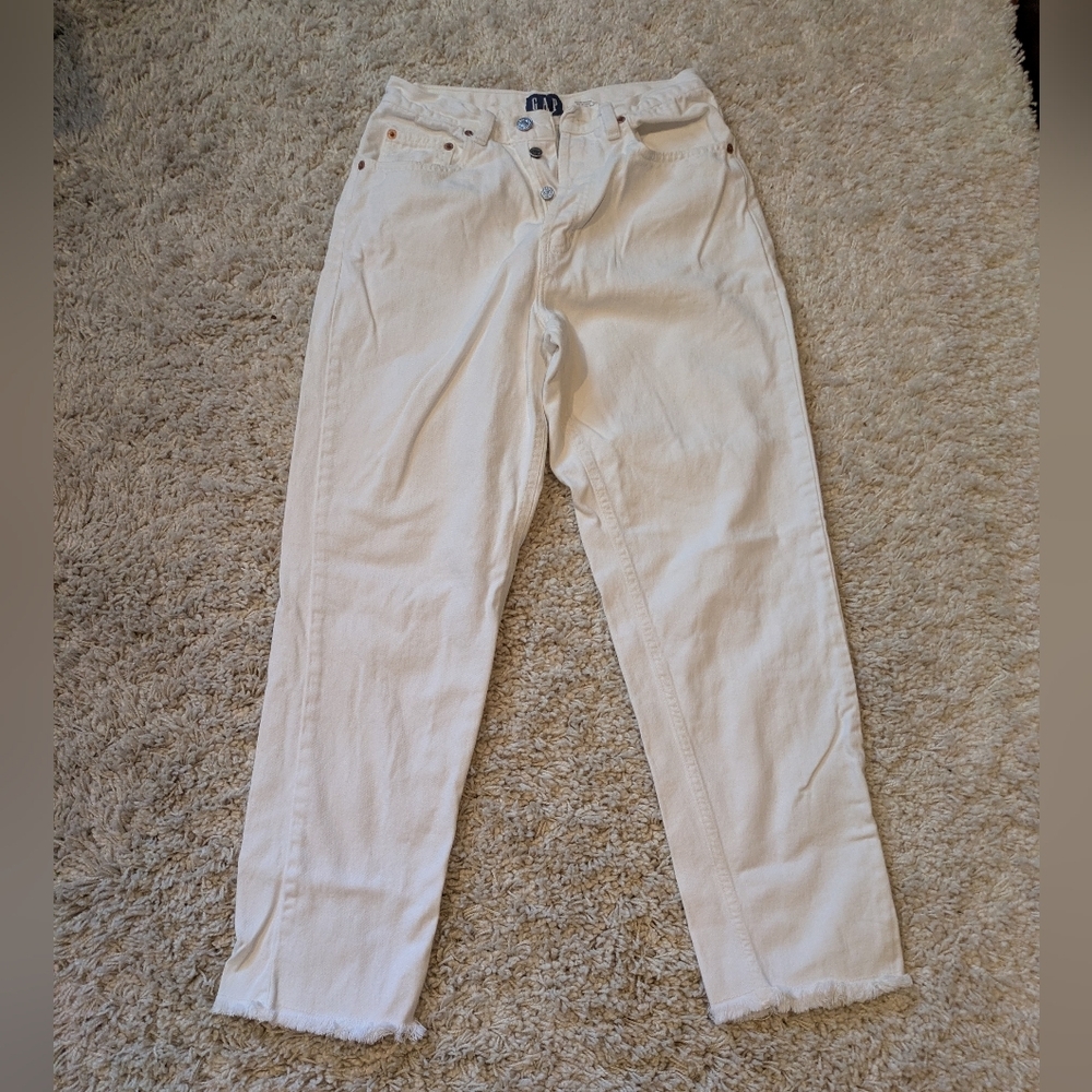 Vintage Gap High Waisted White Ankle Length Jeans Button Fly Raw Hem Size 8